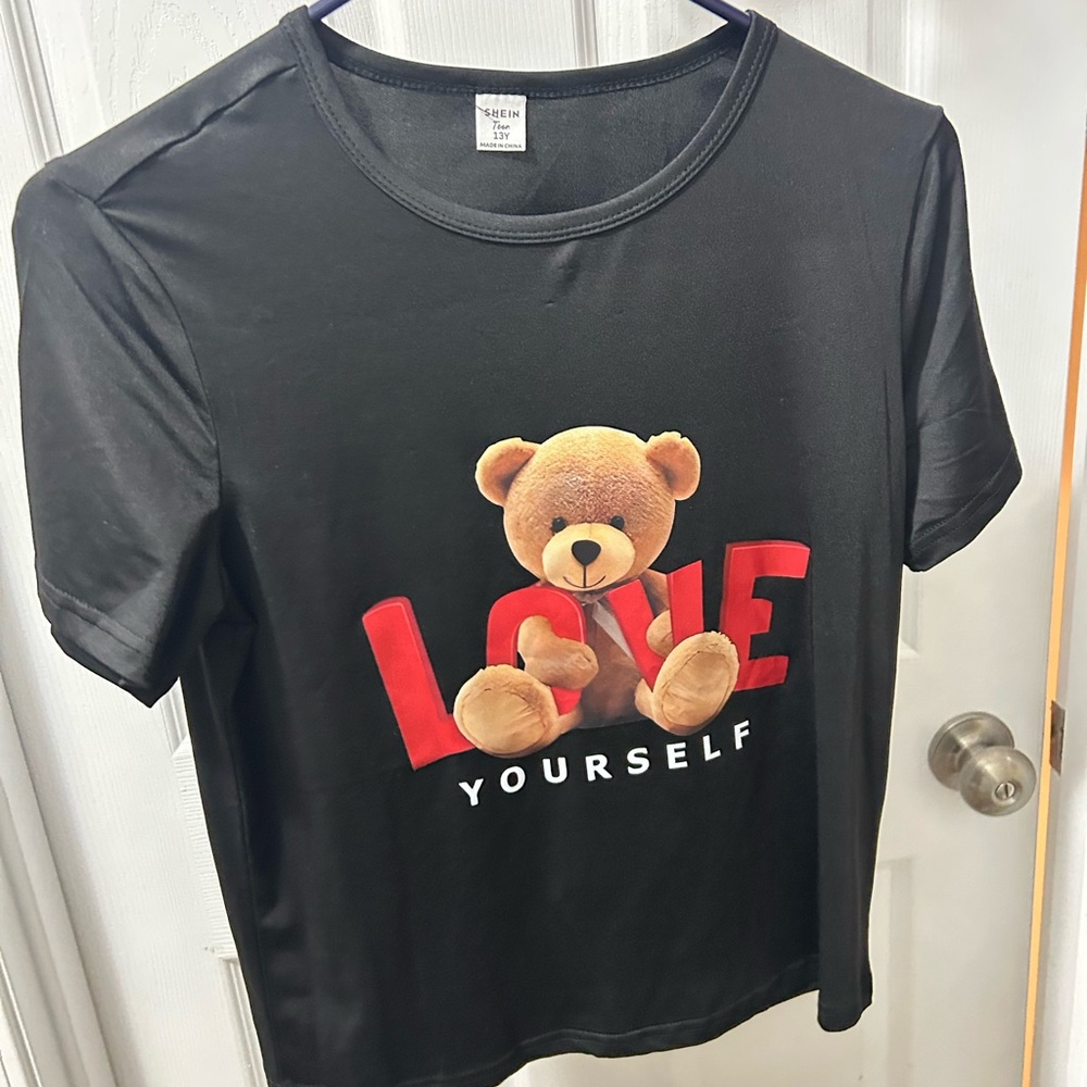 SHEIN Black Tee with Teddy Bear and Red Love Print